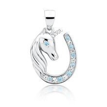 Zawieszka srebrna podkowa jednorożec z białymi i akwamarynowymi cyrkoniami oraz akwamarynowym okiem