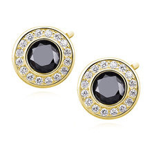 Srebrne pr.925 pozłacane okrągłe kolczyki z czarną cyrkonią