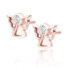 Kolczyki pozłacane różowym złotem wkrętki małe aniołki z białą cyrkonią