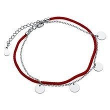 Srebrna pr.925 bransoletka z czerwonym sznurkiem i kółeczkami na łańcuszku