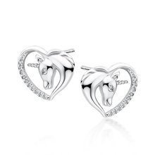 Kolczyki srebrne serduszka jednorożec z białymi cyrkoniami