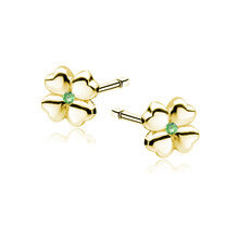Kolczyki pozłacane wkrętki koniczynki z jasnozieloną cyrkonią