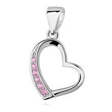 Zawieszka srebrna asymetryczne serce z jasnoróżowymi cyrkoniami na jednym boku