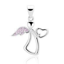 Zawieszka srebrny delikatny aniołek z różowymi cyrkoniami i sercem