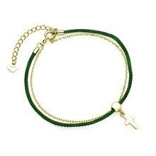 Srebrna pr.925 pozłacana bransoletka z ciemnozielonym sznurkiem - krzyżyk