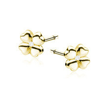 Kolczyki pozłacane wkrętki koniczynki z białą cyrkonią