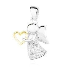 Zawieszka srebrna delikatny anioł z pozłacanym serduszkiem i cyrkoniami