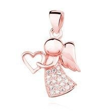Zawieszka pozłacana różowym złotem delikatny anioł z serduszkiem i cyrkoniami