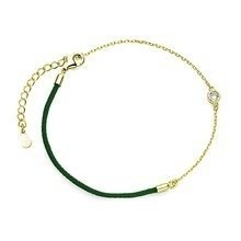 Srebrna pr.925 pozłacana bransoletka z ciemnozielonym sznurkiem i cyrkonią