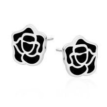 Srebrne (925) kolczyki róża z czarną emalią