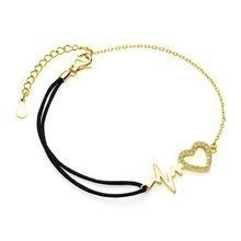 Srebrna pr.925 pozłacana bransoletka z czarnym sznurkiem - serce z cyrkoniami i linia pulsu