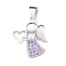 Zawieszka srebrna delikatny anioł z serduszkiem i fioletowymi cyrkoniami