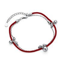 Bransoletka srebrna na czerwonym sznurku z kuleczkami