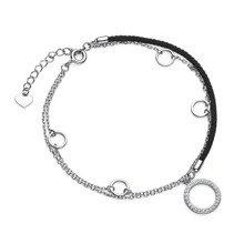 Srebrna pr.925 bransoletka z czarnym sznurkiem - kółka z cyrkoniami