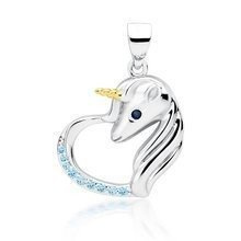 Zawieszka srebrna serce jednorożec z akwamarynowymi cyrkoniami i szafirowym okiem