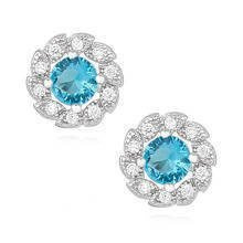 Srebrne błyszczące kolczyki pr.925 kwiatki z akwamarynową cyrkonią