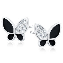 Srebrne kolczyki pr.925 emaliowane czarne motyle z białymi cyrkoniami