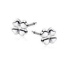 Kolczyki srebrne wkrętki koniczynki z białą cyrkonią