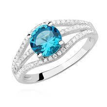 Pierścionek srebrny z potrójną szyną j jasnoniebieską cyrkonią